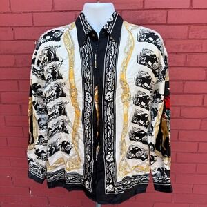 Onyx Mens Silk Button Down Shirt Small White Black Gold Western Cowboy Horse